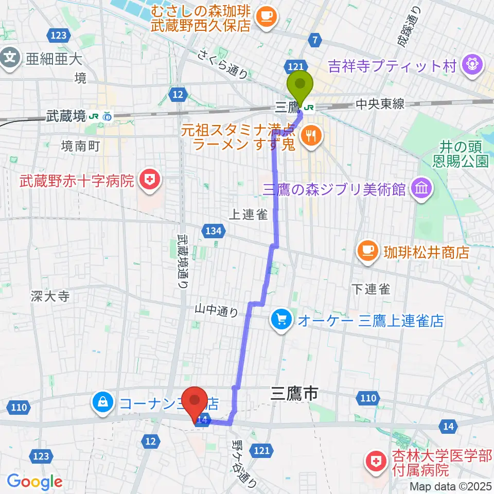 三鷹駅からパルナスタジオへのルートマップ地図