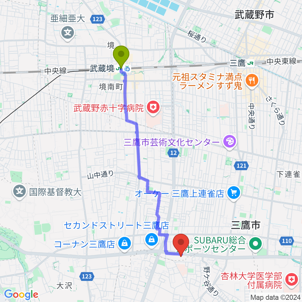 パルナスタジオ（Parna Studio）の最寄駅武蔵境駅からの徒歩ルート（約40分）地図