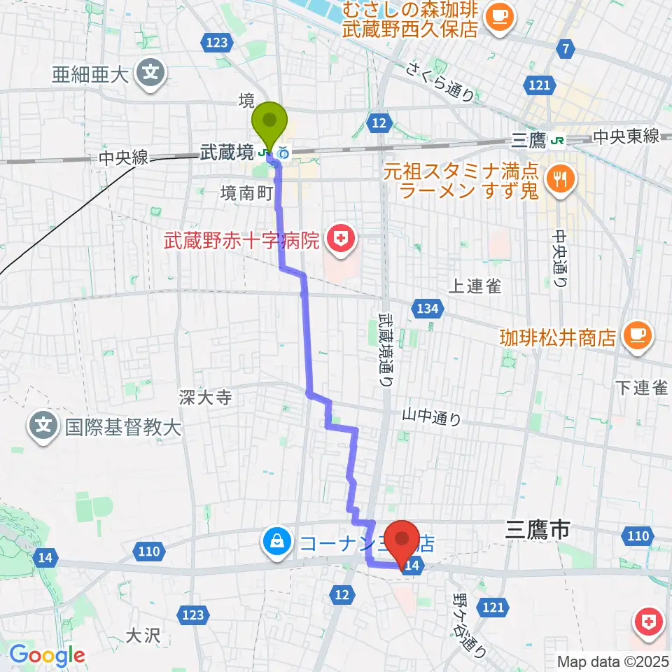 パルナスタジオの最寄駅武蔵境駅からの徒歩ルート（約40分）地図