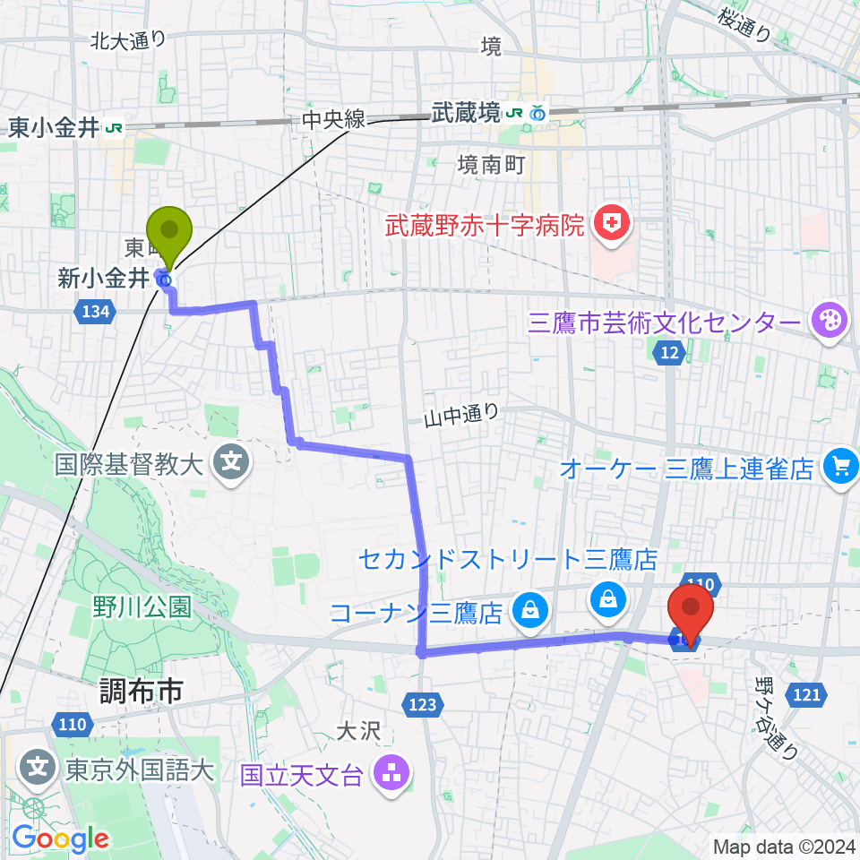 新小金井駅からパルナスタジオ（Parna Studio）へのルートマップ地図