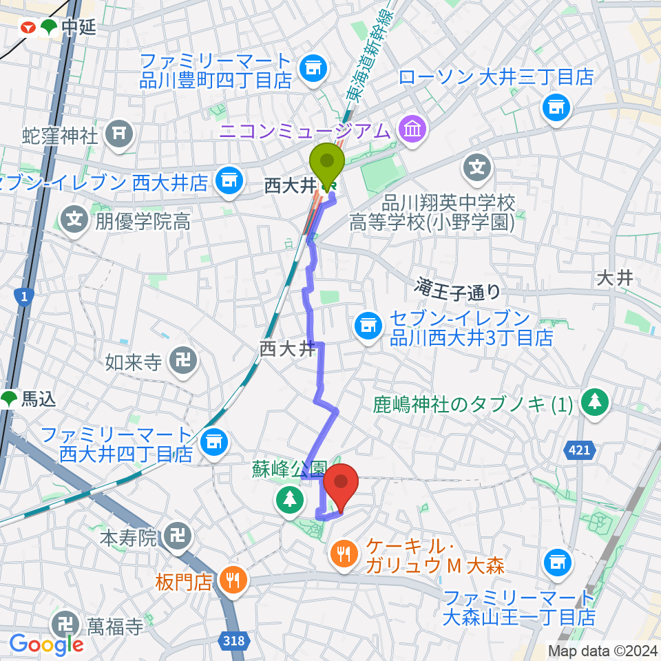 西大井駅からＭミュージックへのルートマップ地図