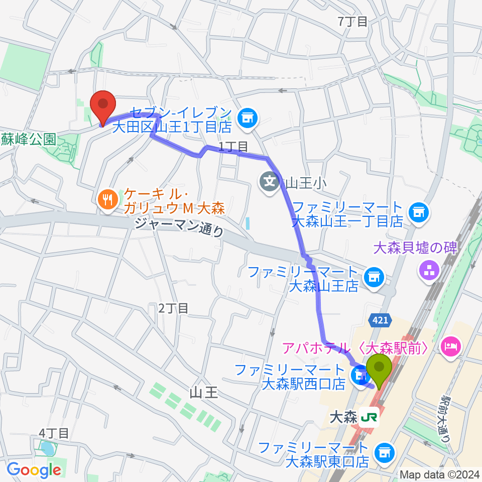 Ｍミュージックの最寄駅大森駅からの徒歩ルート（約12分）地図