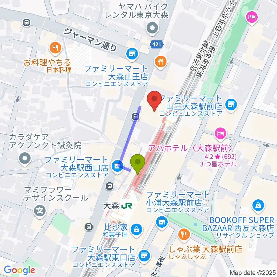 Ｍミュージックの最寄駅大森駅からの徒歩ルート（約2分）地図