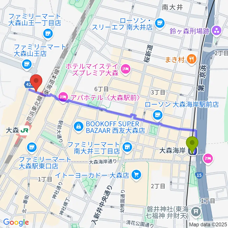 大森海岸駅からＭミュージックへのルートマップ地図