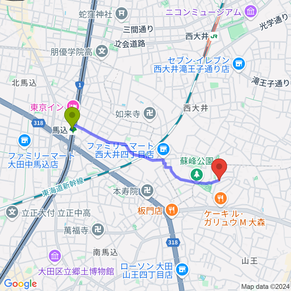 馬込駅からＭミュージックへのルートマップ地図