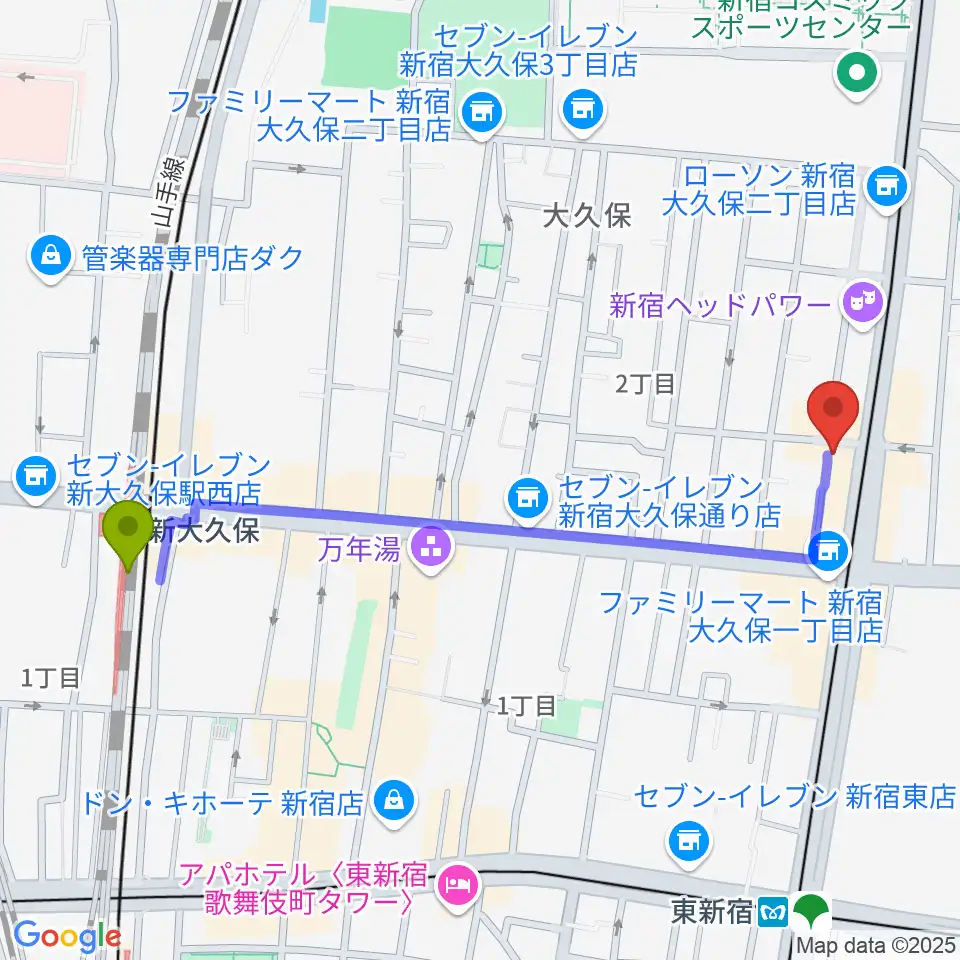 新大久保駅から新宿Cat's holeへのルートマップ地図