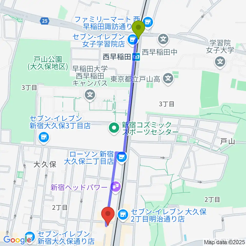 西早稲田駅から新宿Cat's holeへのルートマップ地図