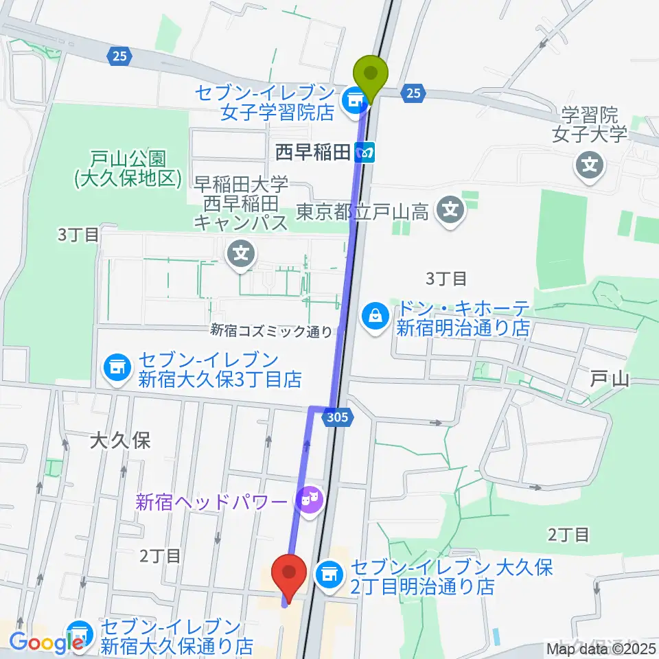 西早稲田駅から新宿Cat's holeへのルートマップ地図