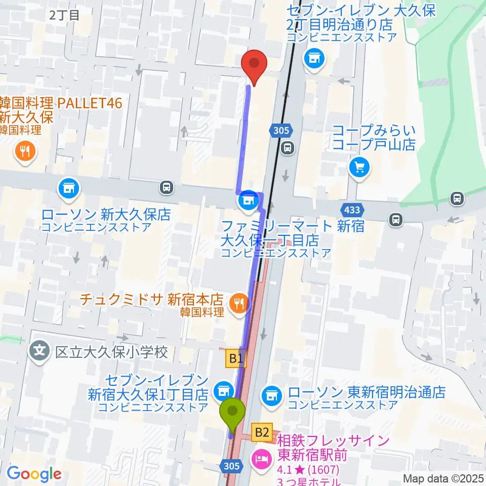 新宿Cat's holeの最寄駅東新宿駅からの徒歩ルート（約6分）地図