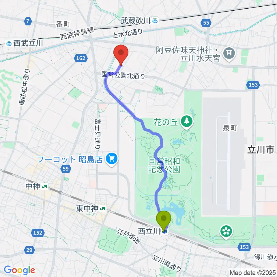 西立川駅からピアノメンテナンスサービスへのルートマップ地図