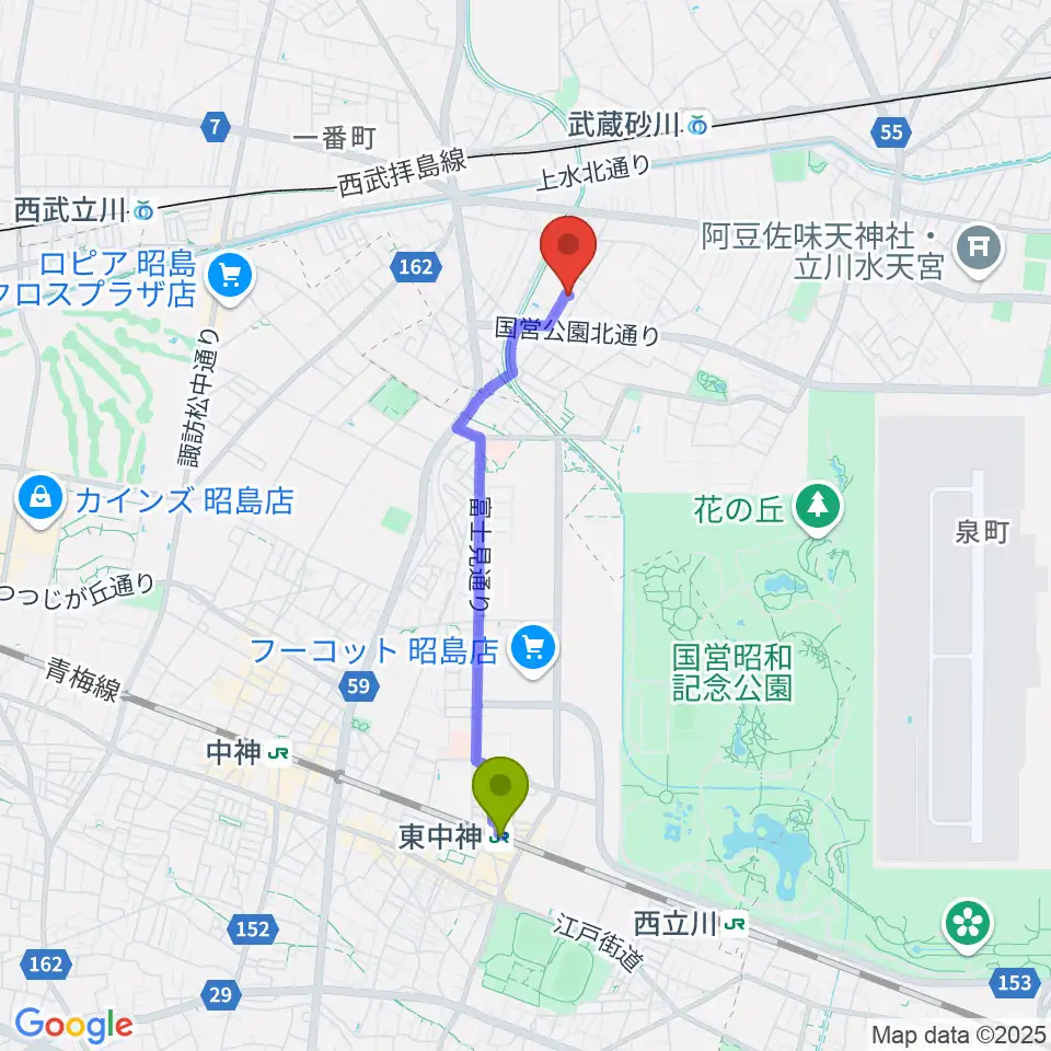 東中神駅からピアノメンテナンスサービスへのルートマップ地図