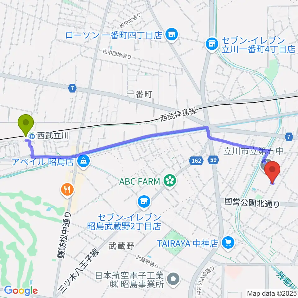 西武立川駅からピアノメンテナンスサービスへのルートマップ地図