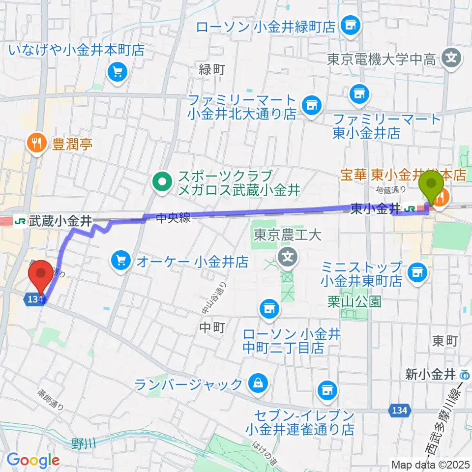 東小金井駅からまたよし真理ピアノ教室へのルートマップ地図