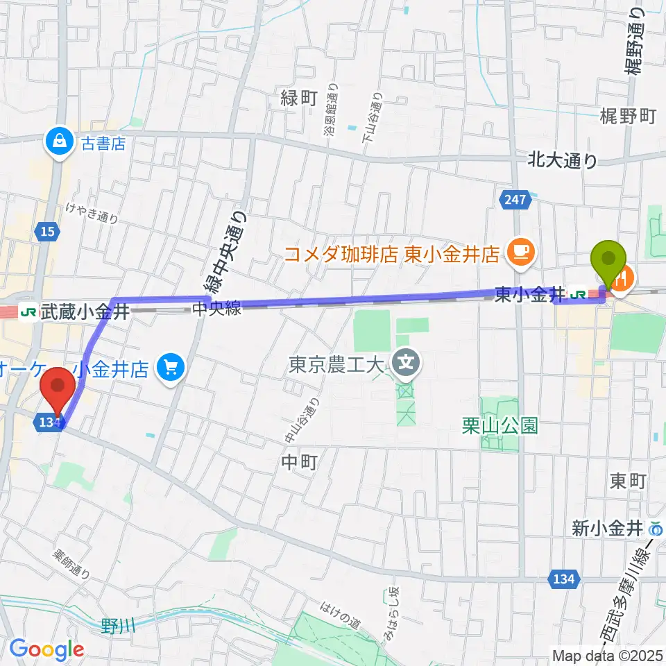 東小金井駅からまたよし真理ピアノ教室へのルートマップ地図
