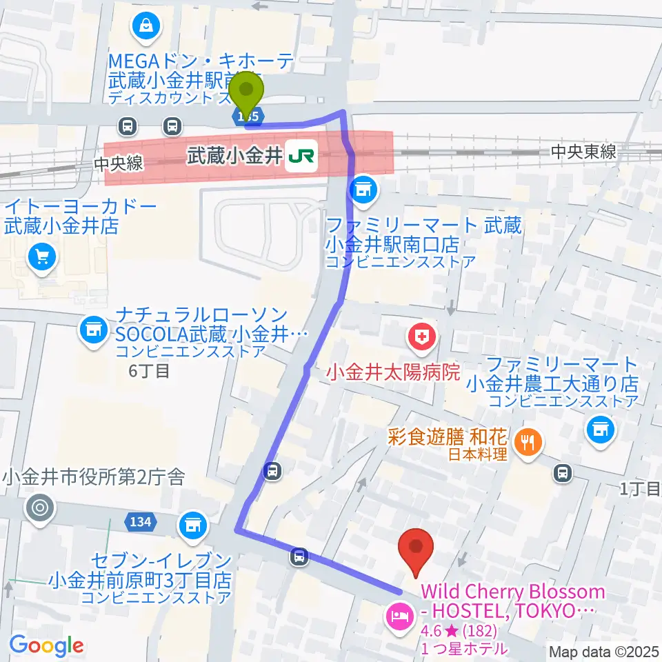 またよし真理ピアノ教室の最寄駅武蔵小金井駅からの徒歩ルート（約6分）地図