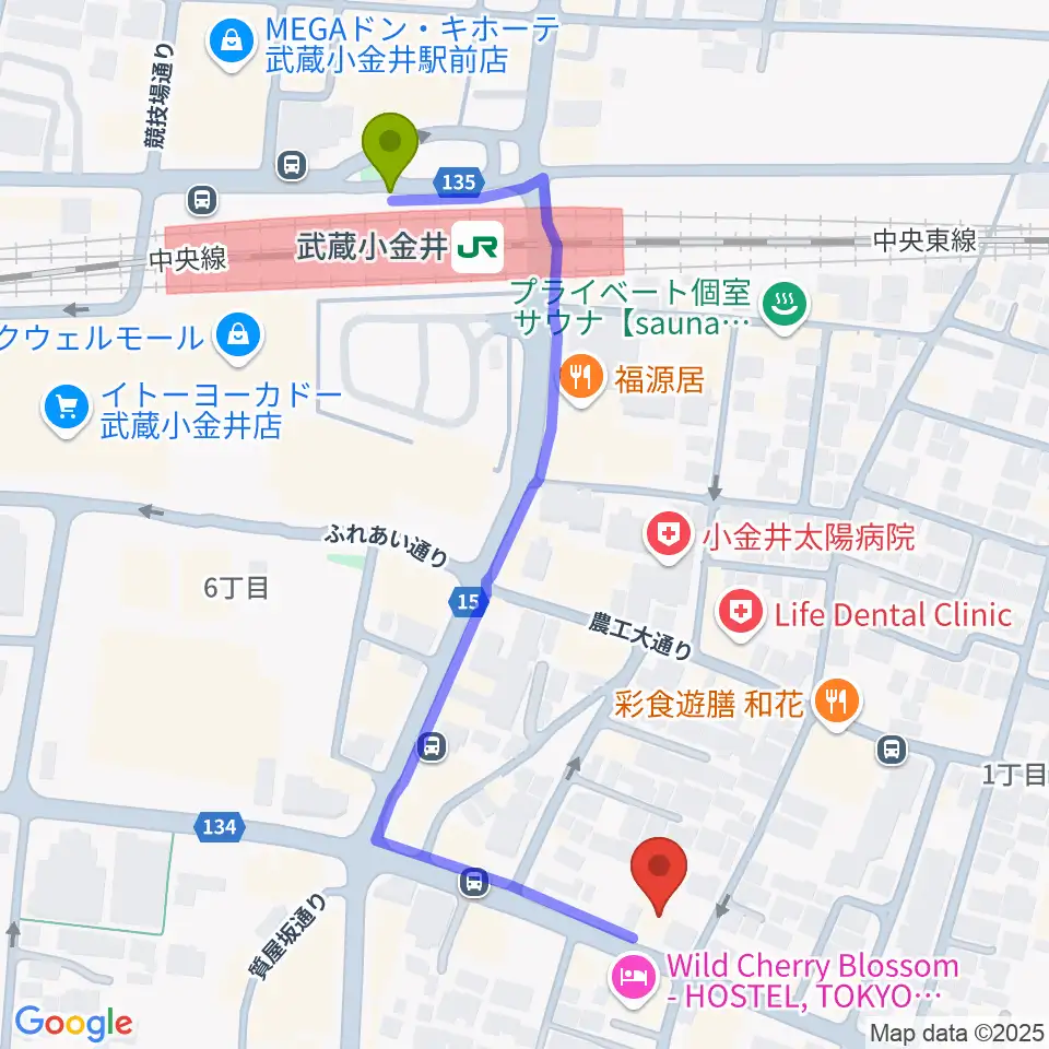 またよし真理ピアノ教室の最寄駅武蔵小金井駅からの徒歩ルート（約6分）地図