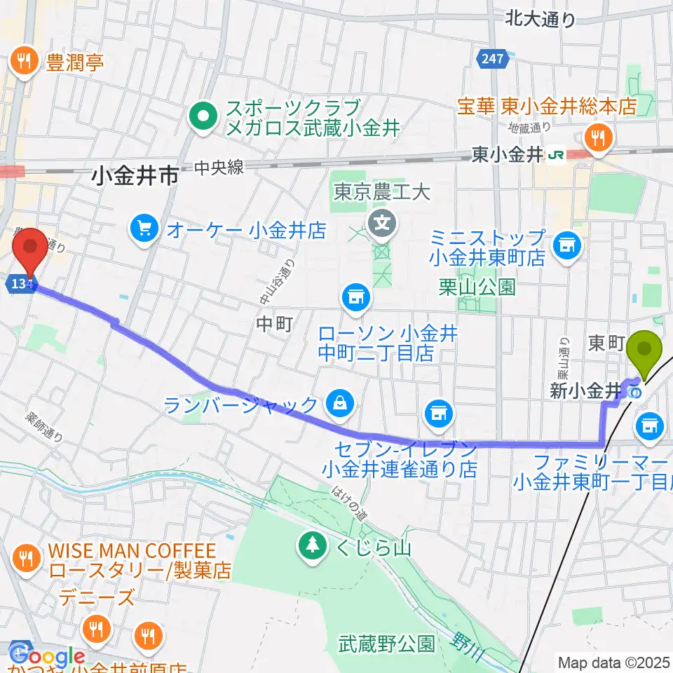 新小金井駅からまたよし真理ピアノ教室へのルートマップ地図