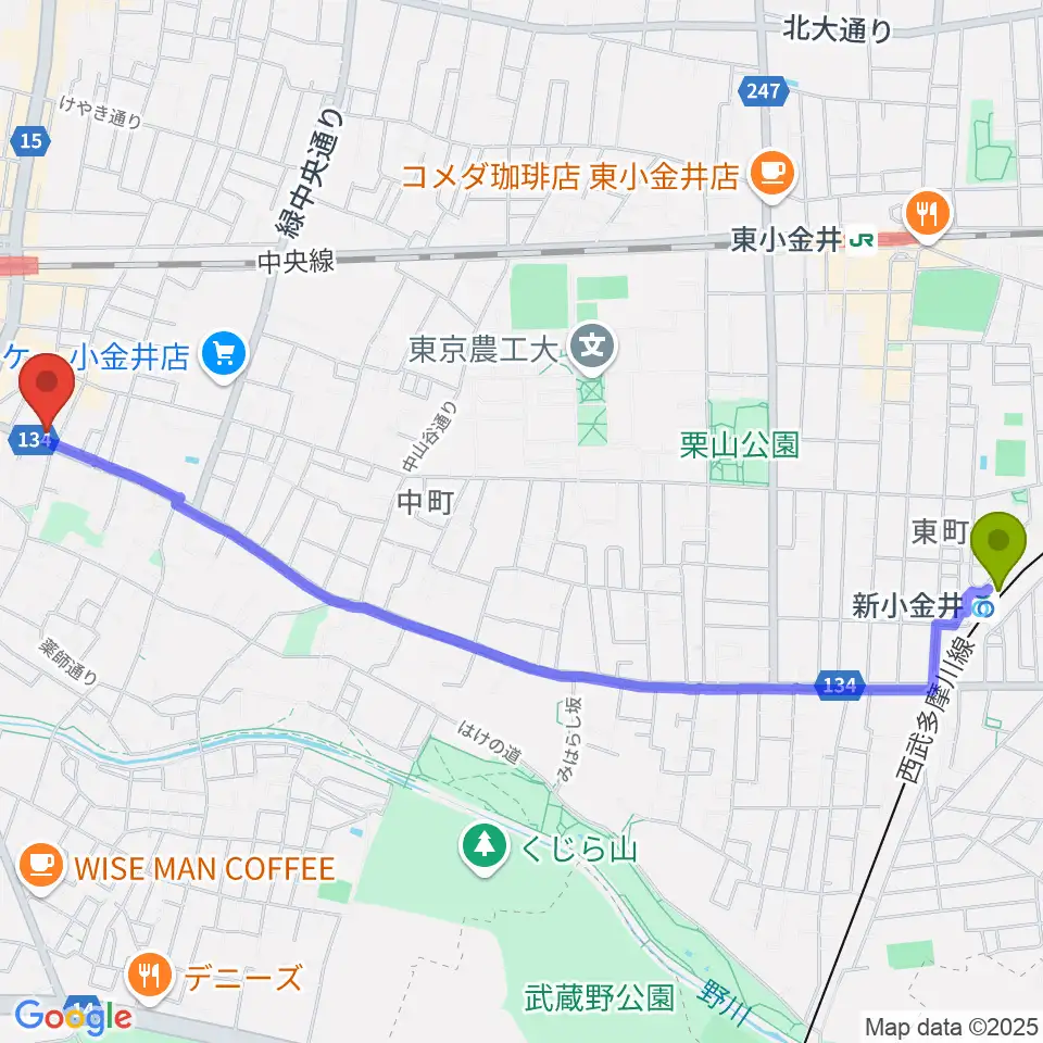 新小金井駅からまたよし真理ピアノ教室へのルートマップ地図
