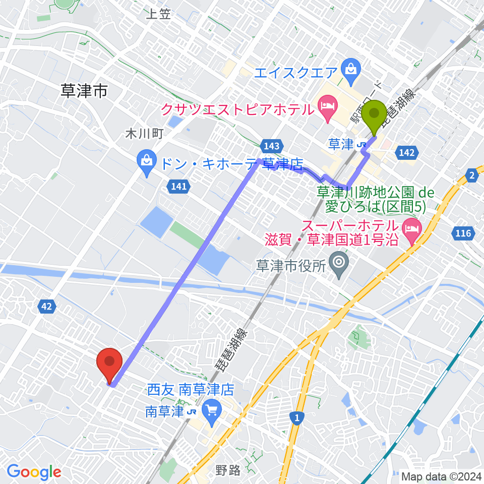 草津駅からロマン楽器 草津本店・ロマンホールへのルートマップ地図