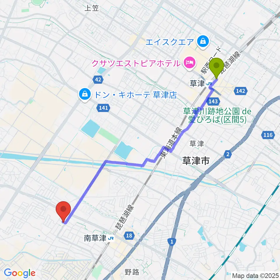 草津駅からロマン楽器 草津本店・ロマンホールへのルートマップ地図