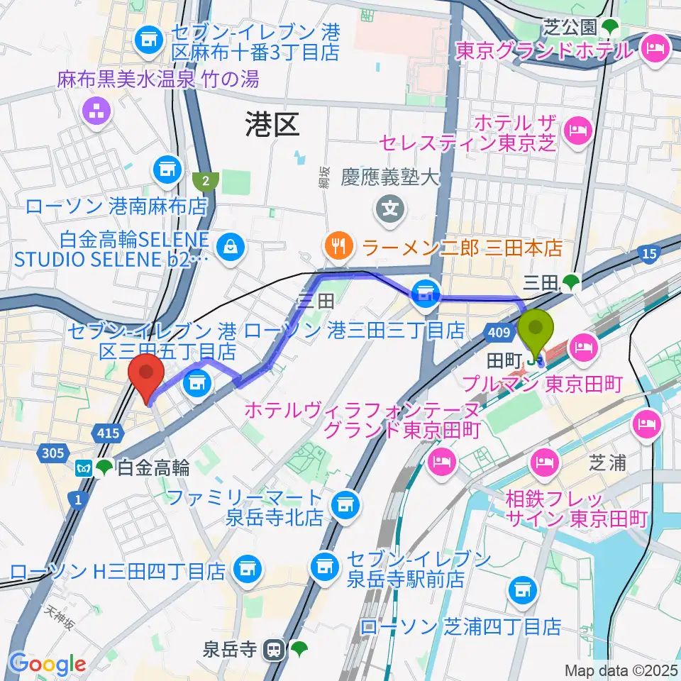 田町駅からナムラ白金高輪ピアノ教室へのルートマップ地図