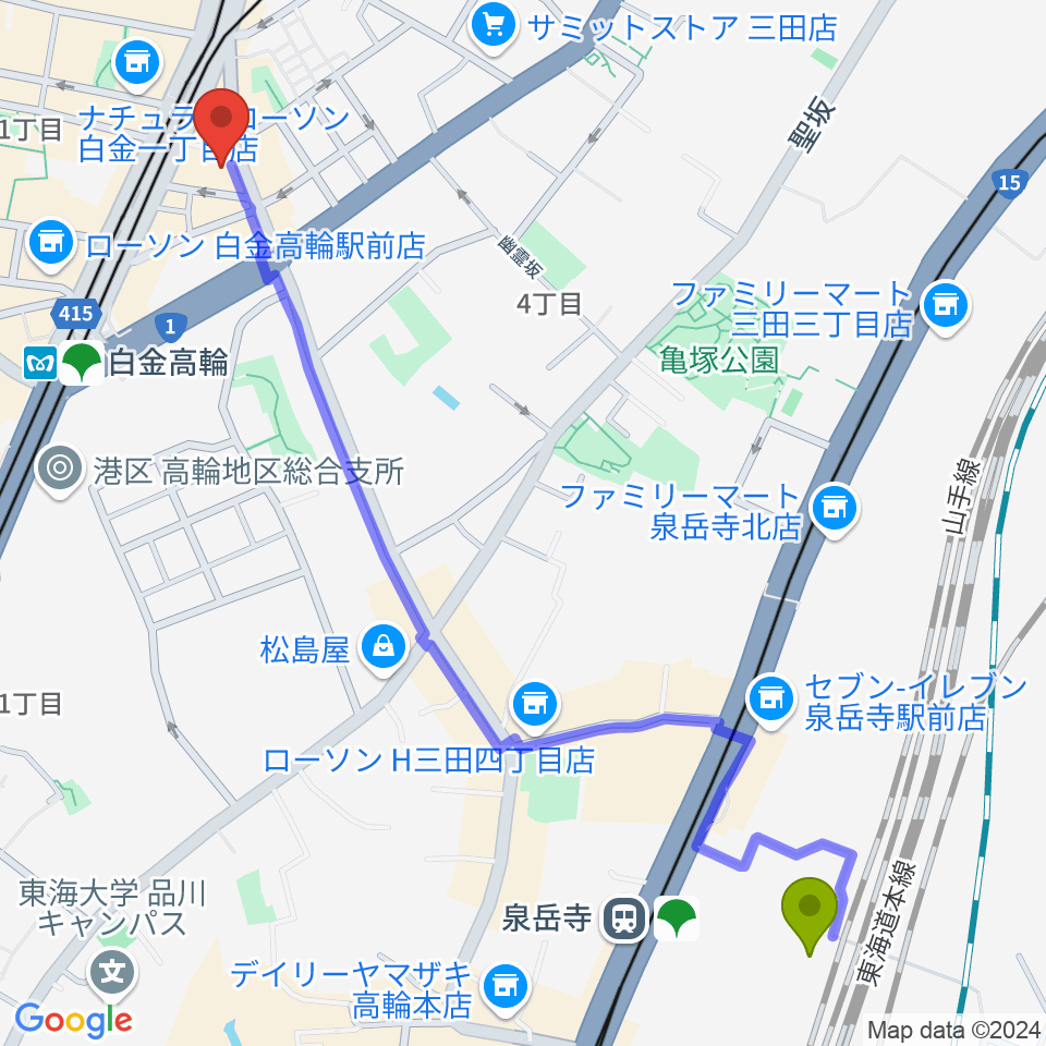 高輪ゲートウェイ駅からナムラ白金高輪ピアノ教室へのルートマップ地図