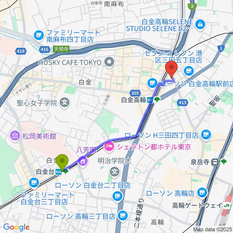 白金台駅からナムラ白金高輪ピアノ教室へのルートマップ地図