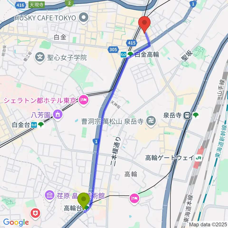 高輪台駅からナムラ白金高輪ピアノ教室へのルートマップ地図