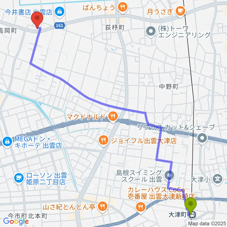 大津町駅から楽器買取リコレクションズへのルートマップ地図