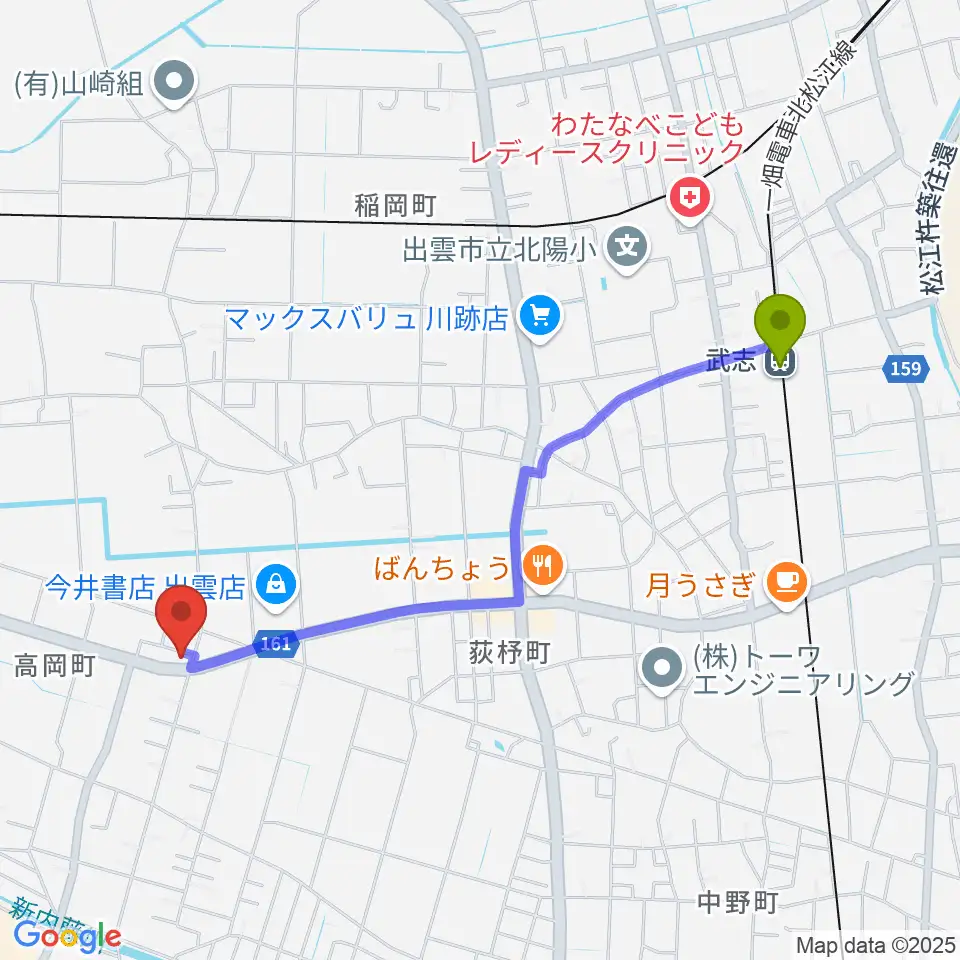 楽器買取リコレクションズの最寄駅武志駅からの徒歩ルート（約22分）地図