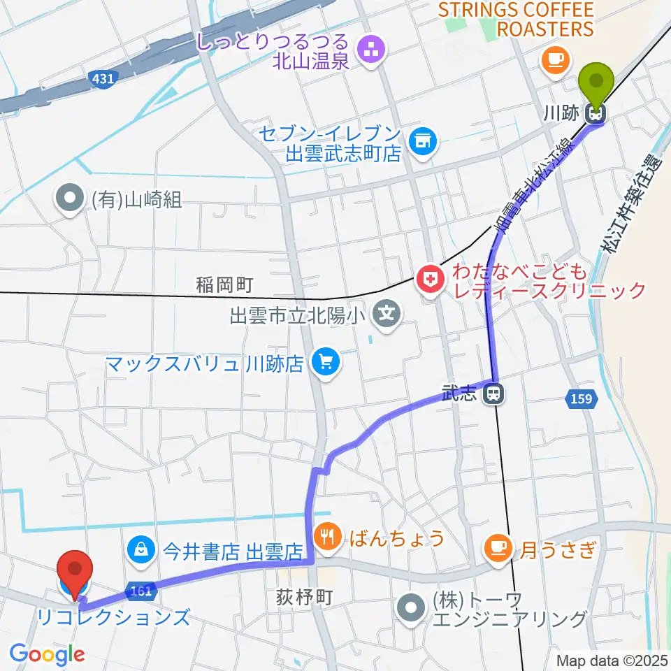 川跡駅から楽器買取リコレクションズへのルートマップ地図