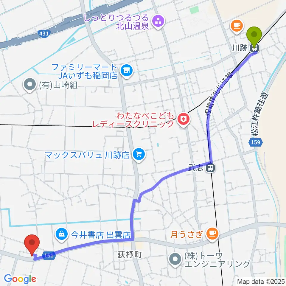 川跡駅から楽器買取リコレクションズへのルートマップ地図