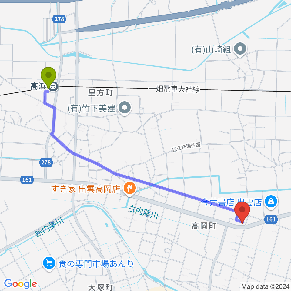 高浜駅から楽器買取リコレクションズへのルートマップ地図