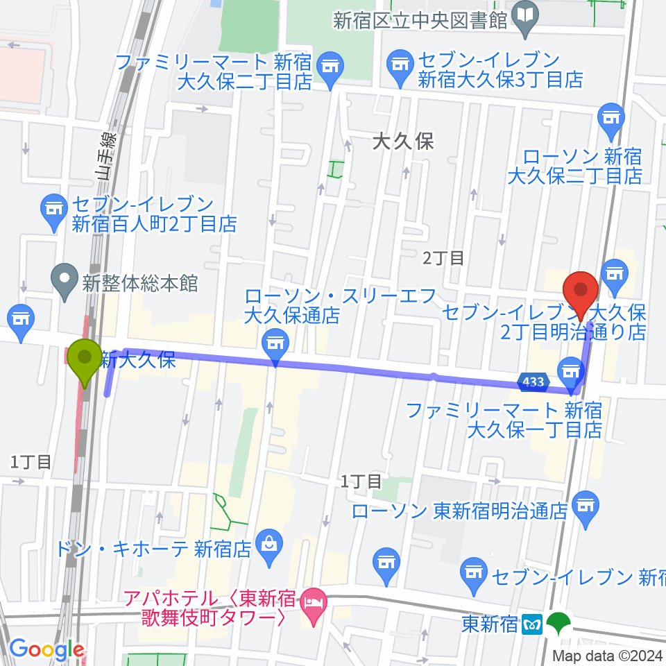 新大久保駅から新宿グラムシュタインへのルートマップ地図