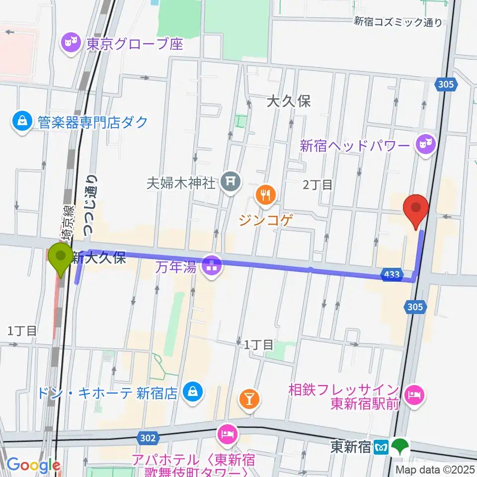 新大久保駅から新宿グラムシュタインへのルートマップ地図