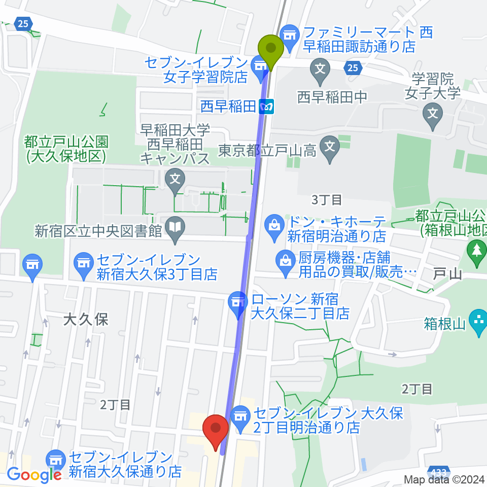 西早稲田駅から新宿グラムシュタインへのルートマップ地図