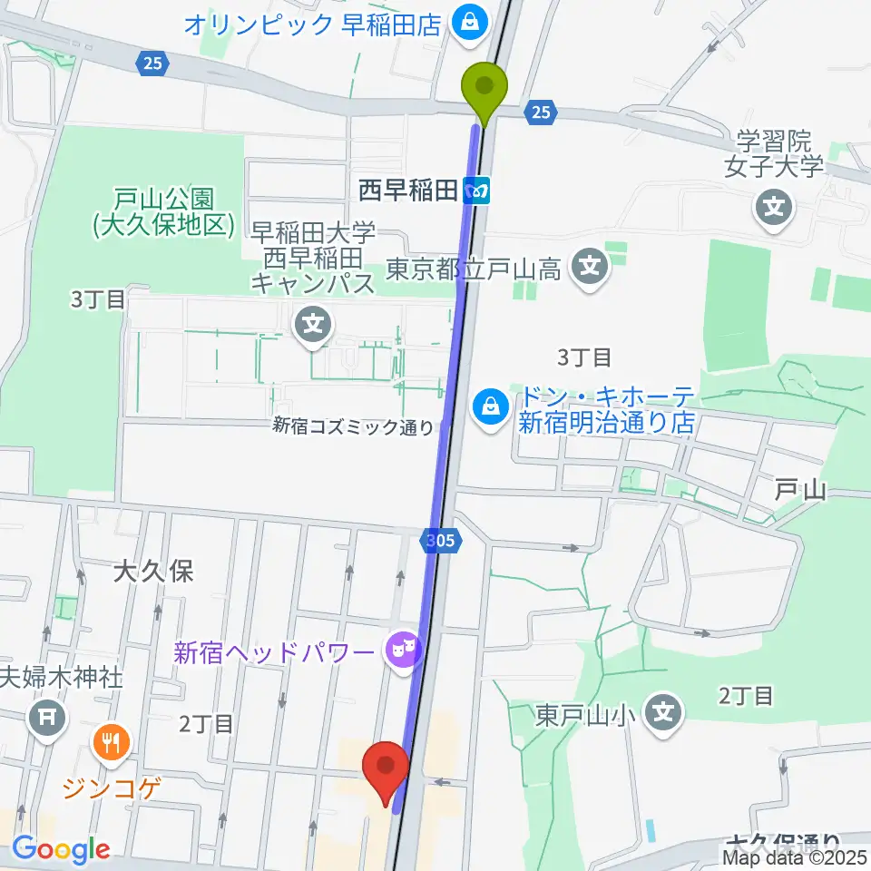 西早稲田駅から新宿グラムシュタインへのルートマップ地図