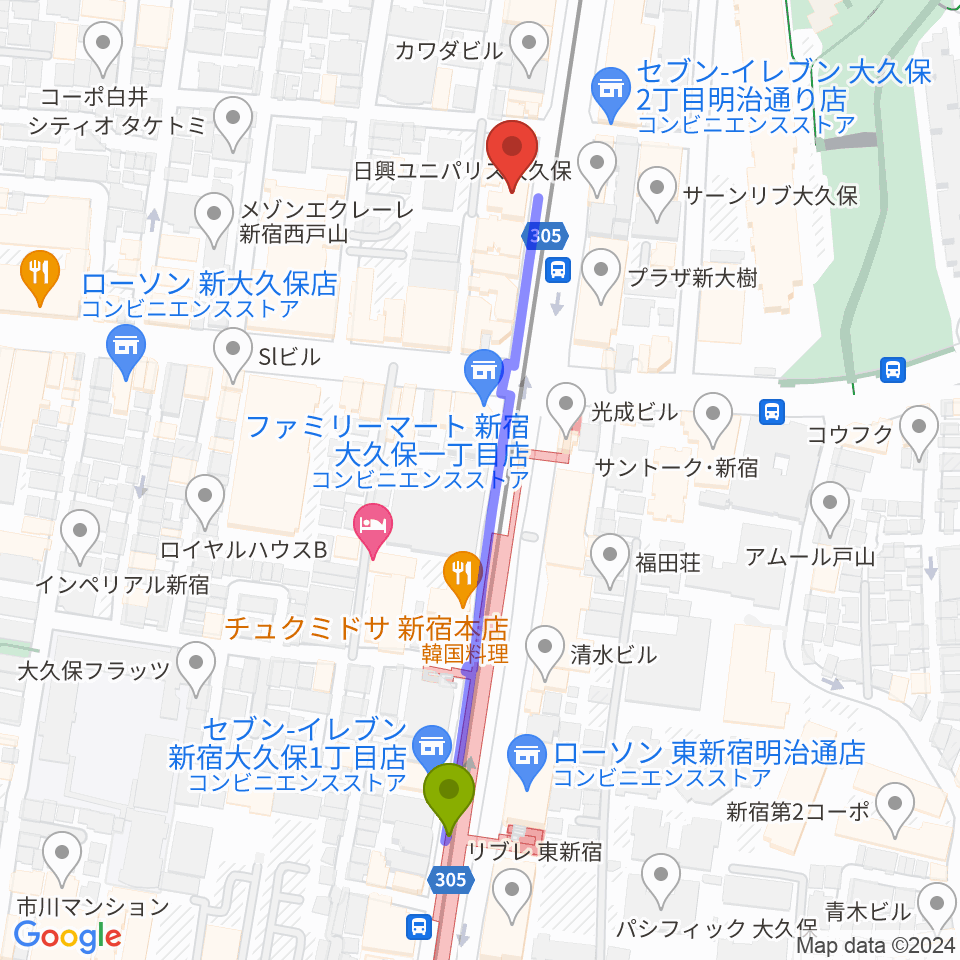 新宿グラムシュタインの最寄駅東新宿駅からの徒歩ルート（約5分）地図