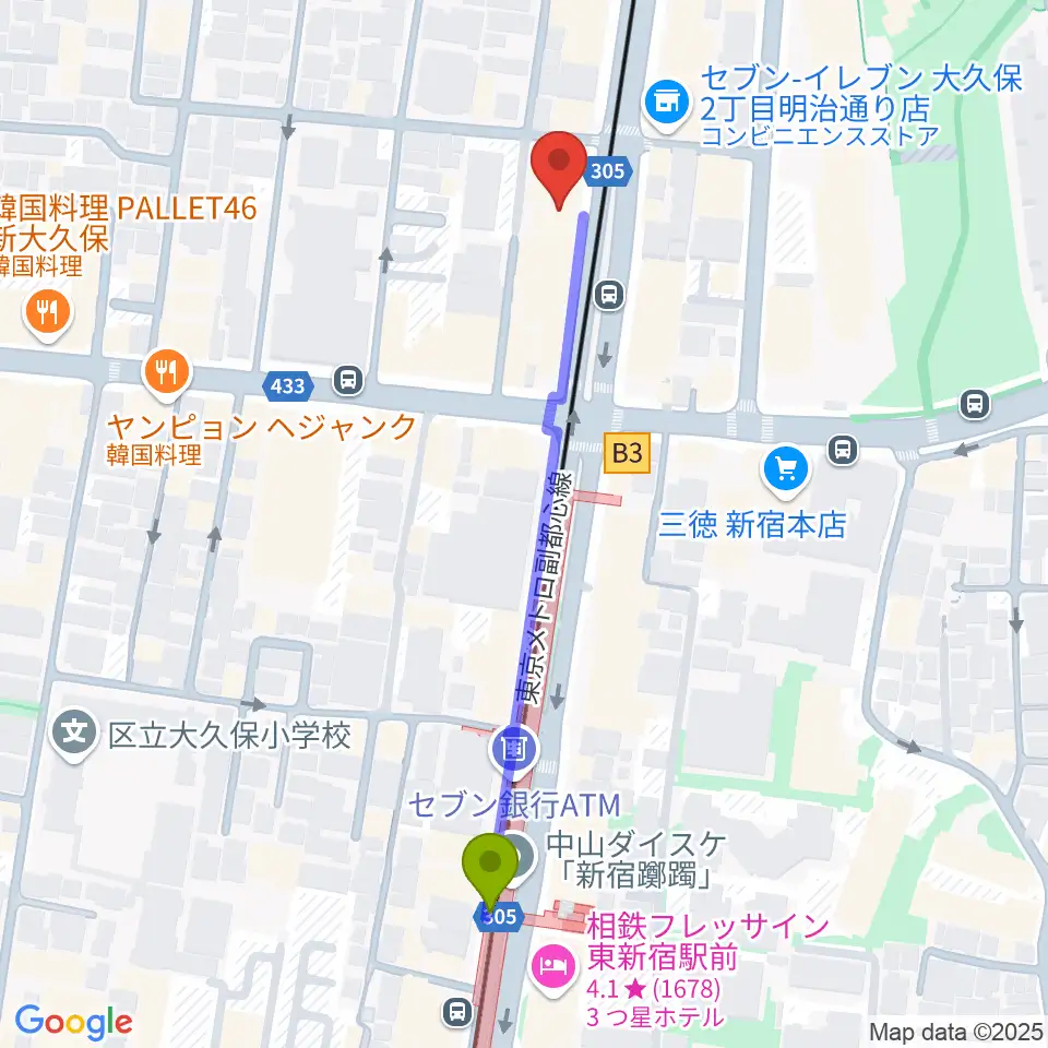 新宿グラムシュタインの最寄駅東新宿駅からの徒歩ルート（約5分）地図