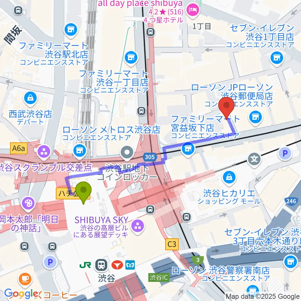 パワフルヴォイスヴォーカルスクール渋谷校の最寄駅渋谷駅からの徒歩ルート（約4分）地図