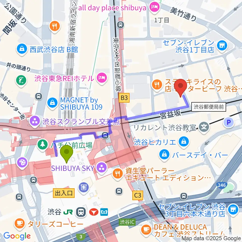 パワフルヴォイスヴォーカルスクール渋谷校の最寄駅渋谷駅からの徒歩ルート（約4分）地図