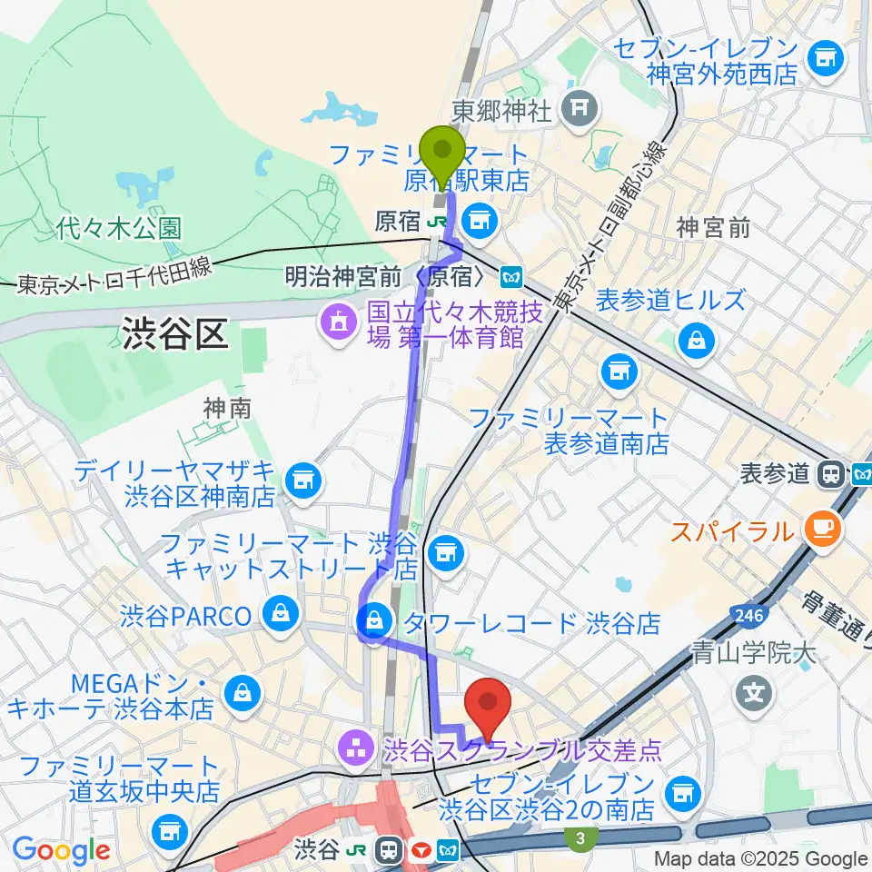 原宿駅からパワフルヴォイスヴォーカルスクール渋谷校へのルートマップ地図