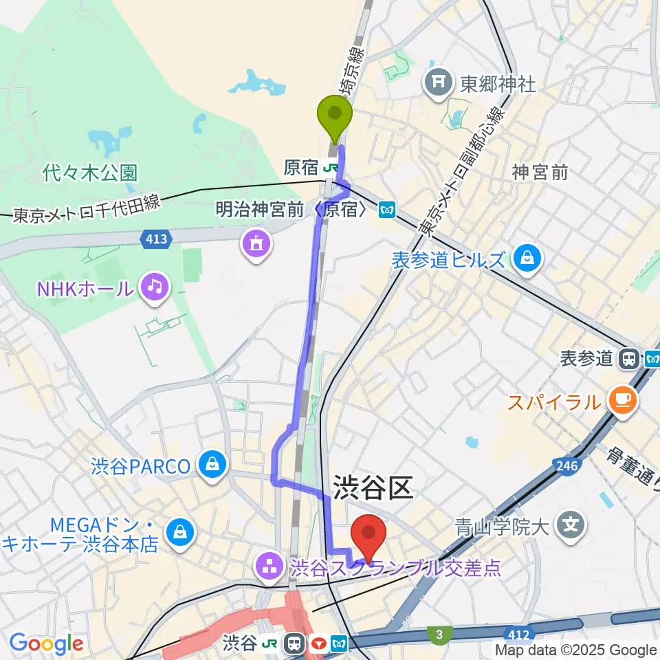 原宿駅からパワフルヴォイスヴォーカルスクール渋谷校へのルートマップ地図