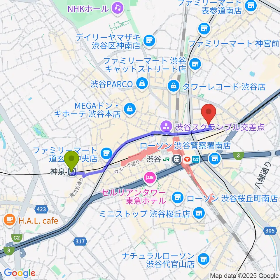 神泉駅からパワフルヴォイスヴォーカルスクール渋谷校へのルートマップ地図