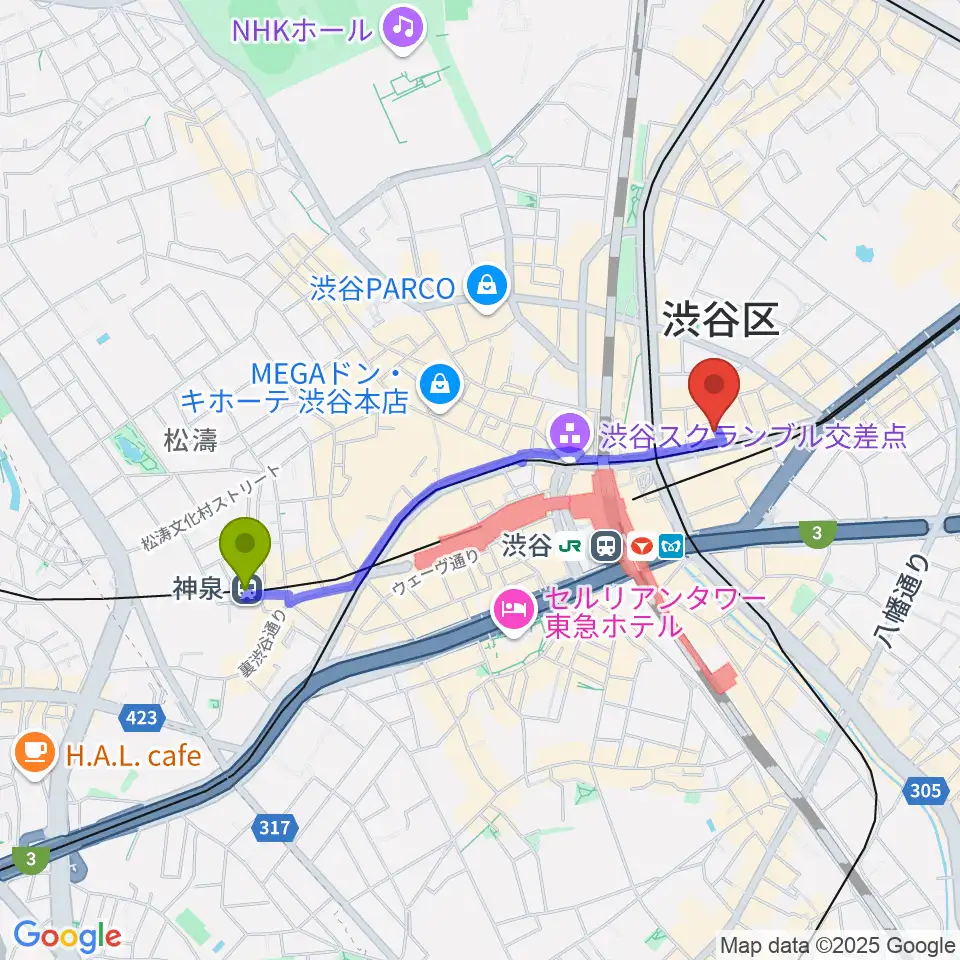 神泉駅からパワフルヴォイスヴォーカルスクール渋谷校へのルートマップ地図