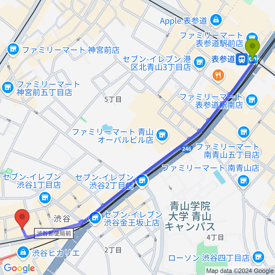 表参道駅からパワフルヴォイスヴォーカルスクール渋谷校へのルートマップ地図