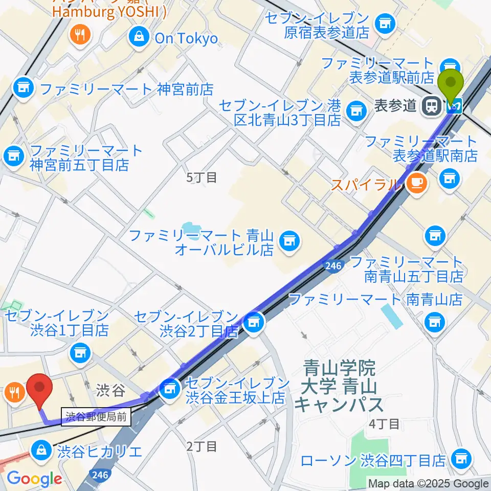 表参道駅からパワフルヴォイスヴォーカルスクール渋谷校へのルートマップ地図