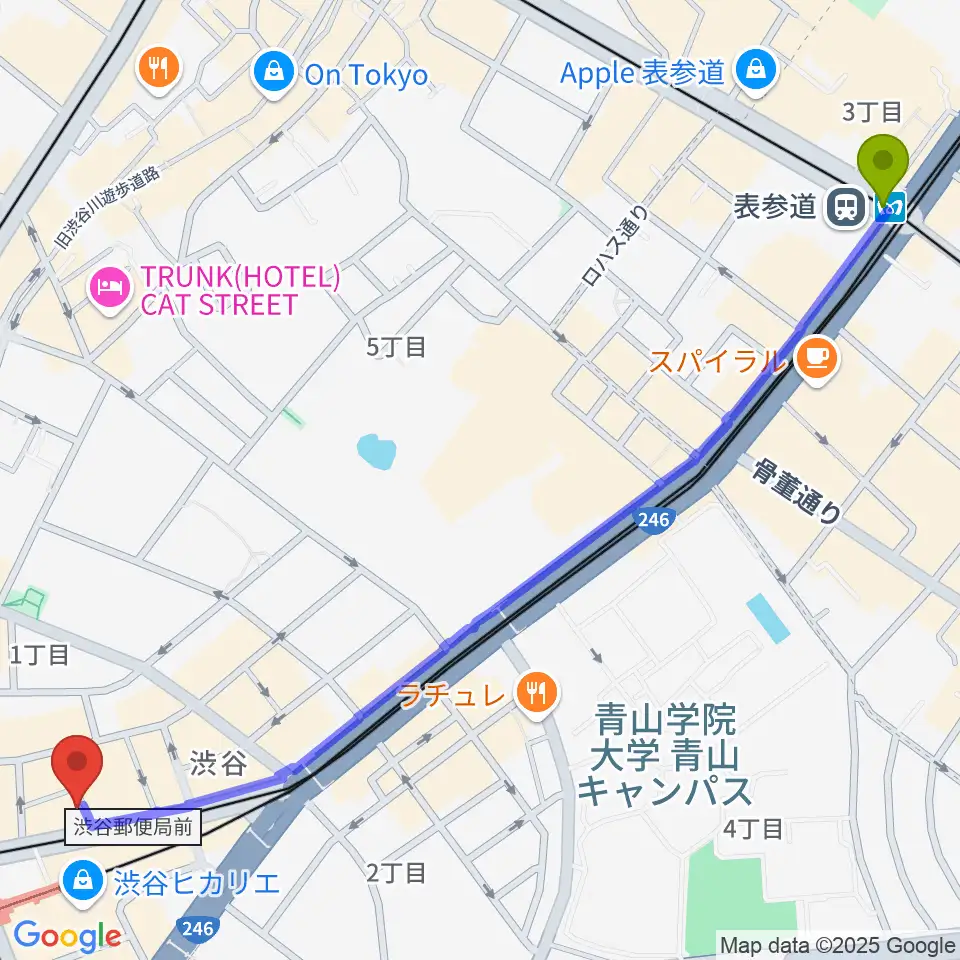表参道駅からパワフルヴォイスヴォーカルスクール渋谷校へのルートマップ地図