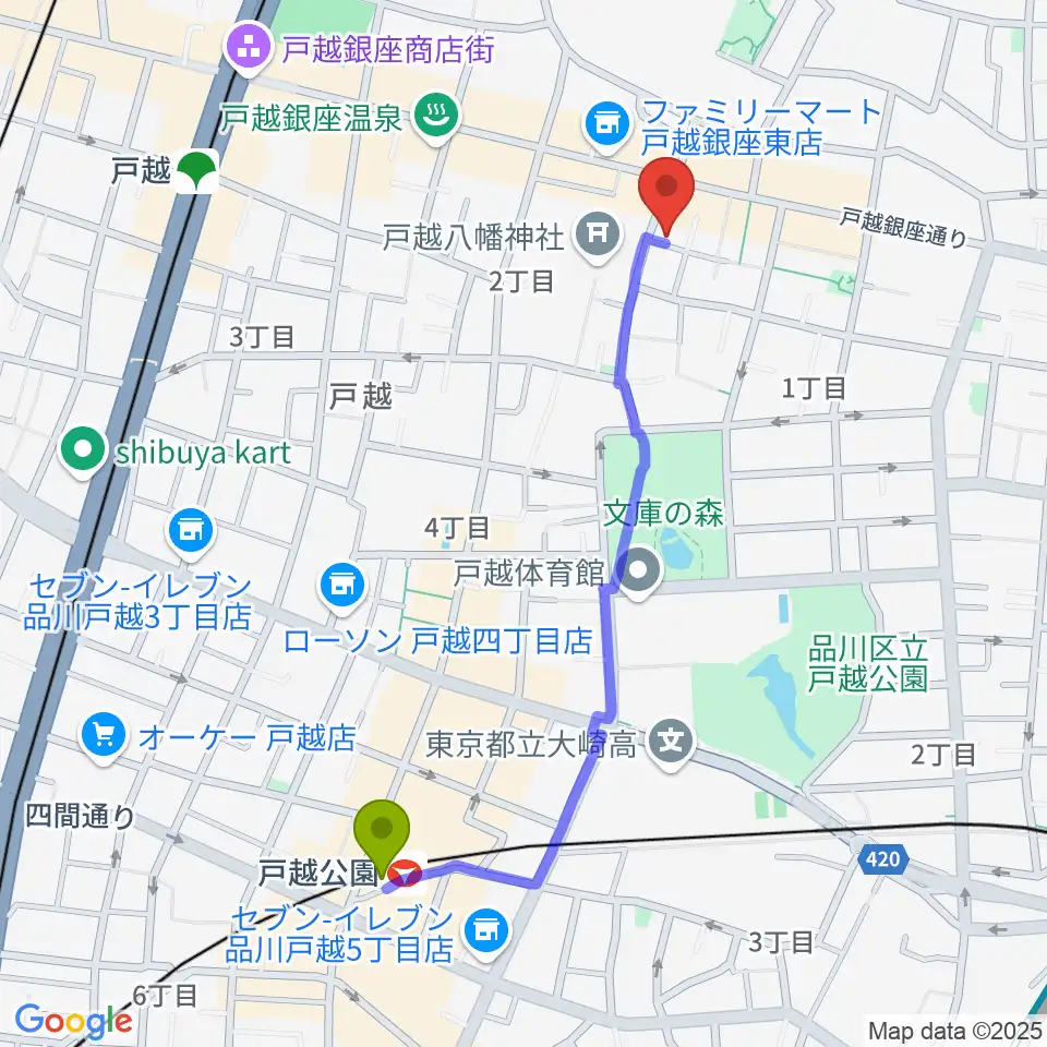 戸越公園駅から柴崎建司ギター音楽教室へのルートマップ地図