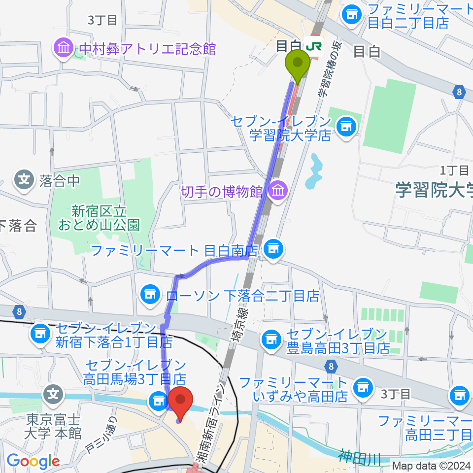 目白駅からペペタスギター教室 高田馬場教室へのルートマップ地図